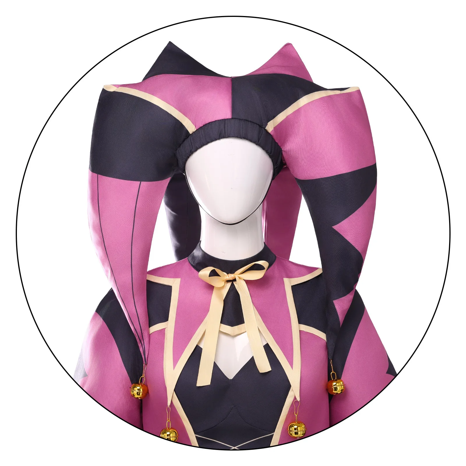Women Freak Circus Columbina Pink Clown Cosplay Costume, Yandere Horror Scary Halloween Outfit, Circus Ticket Print Themed Suit view 6