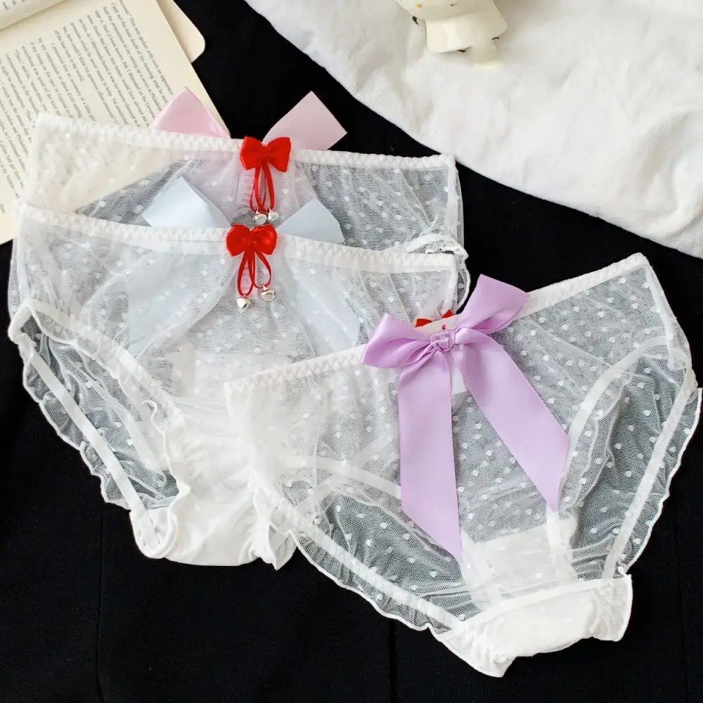 Mid-waist Mesh Bowknot Briefs Gifts Ruffle Bell Lace Bow Panties Lingerie Hollow Transparent Underpants Lady