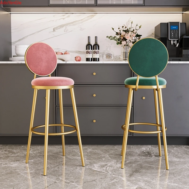 Taburete alto minimalista para Bar, silla moderna redonda y cómoda de terciopelo, diseño nórdico de Metal dorado, muebles para el hogar