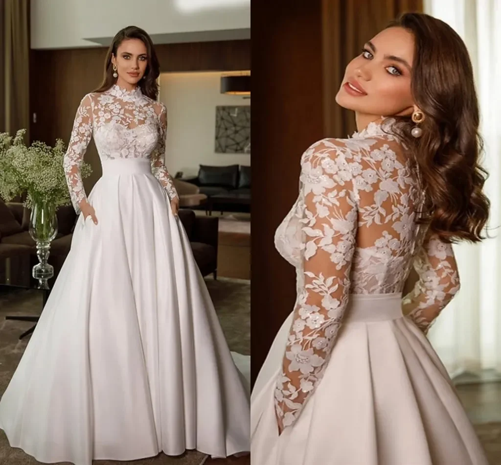 2027 Customized Sexy Illusion High Collar Delicate Lace A Line Wedding Dress For Bride Elegant Satin Long Sleeve Modern Bridal