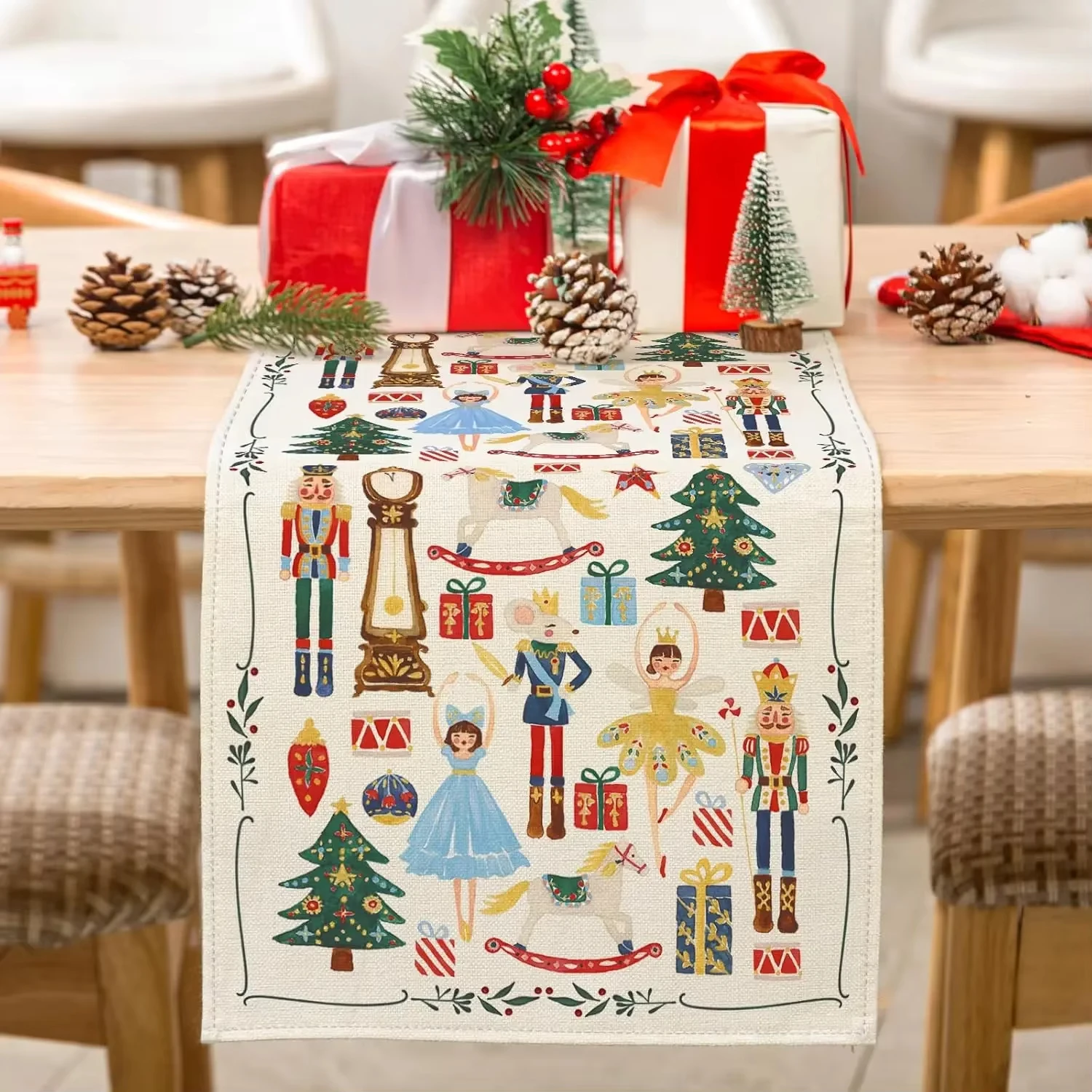 Christmas Watercolor Nutcracker Linen Table Runner for Farmhouse Dining Kitchen Party Wedding Navidad Home Decor