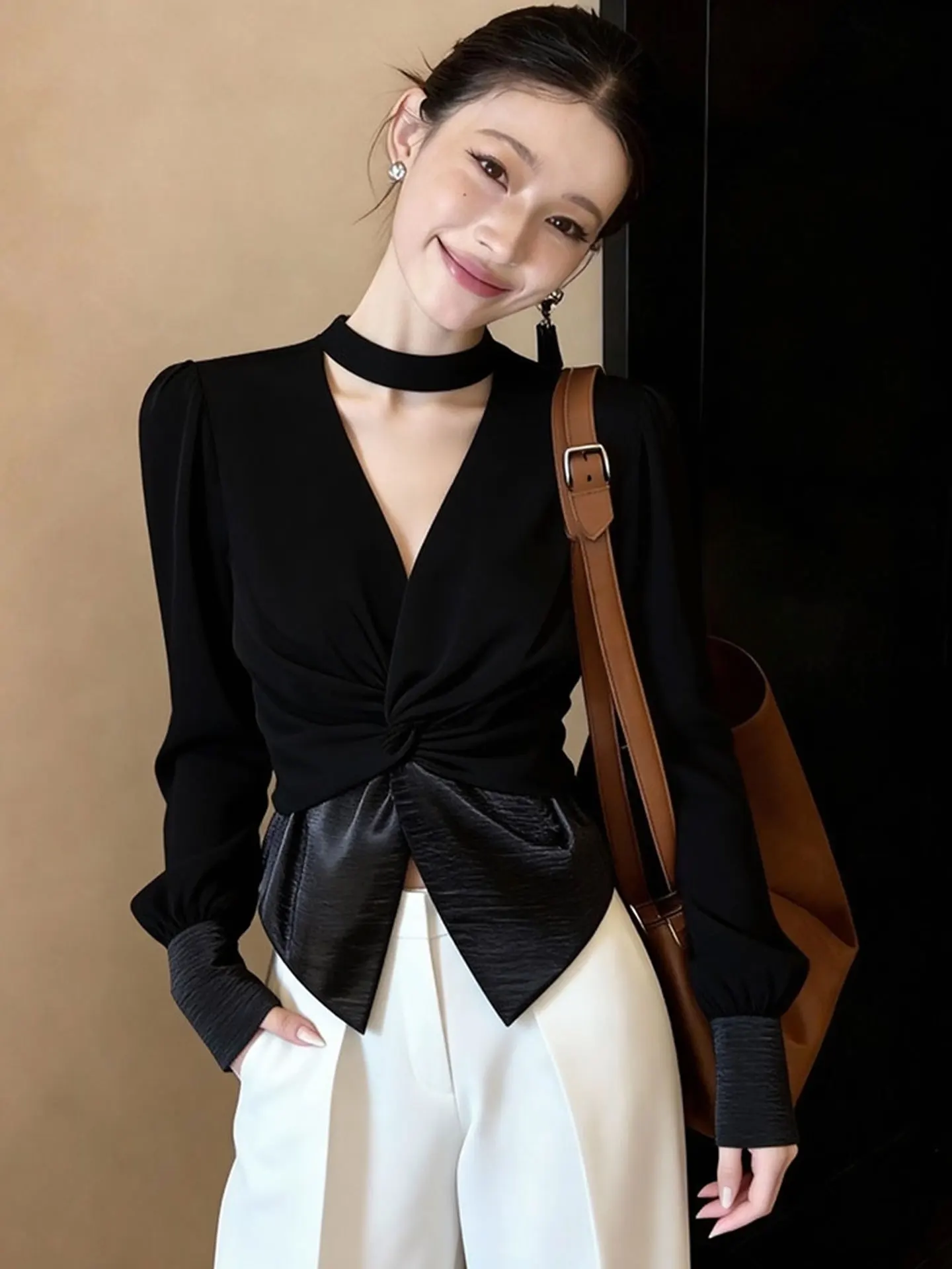 

Элегантный шелковый топ с длинным рукавом и эффектом утяжки талии, модная весенняя коллекция, корейский стиль, деловой повседневный образ для женщин