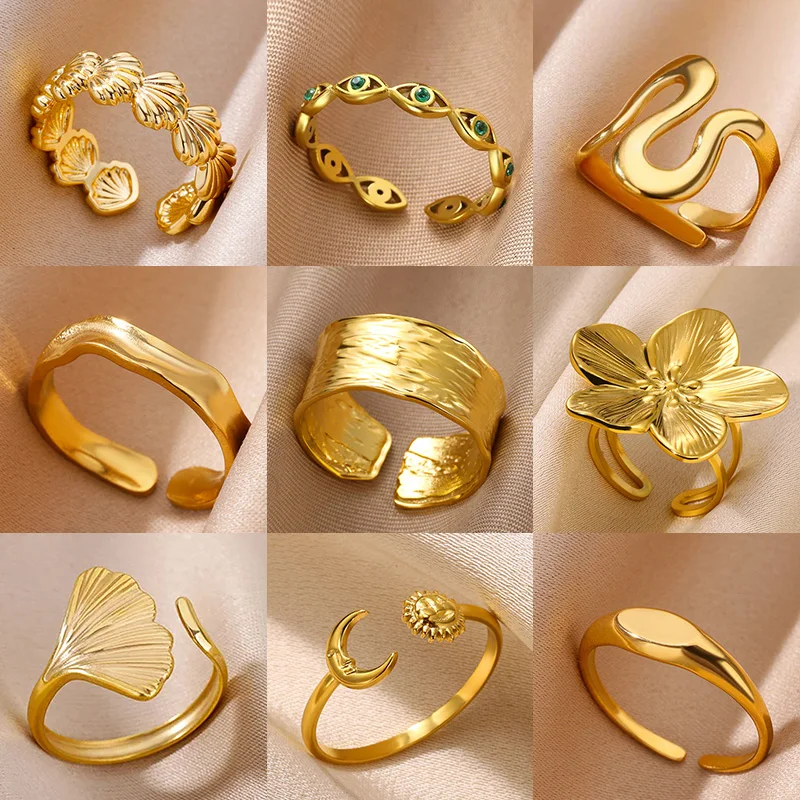 Minimalistische Textur Edelstahl Geometrische Ringe für Frauen Gold Farbe Öffnung Paar Ring Ästhetische Hochzeit Weihnachten Schmuck