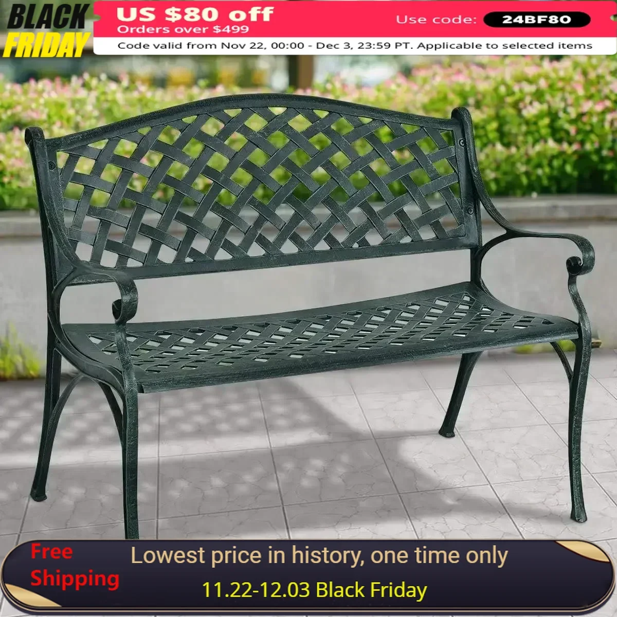 Outdoor Bench, Garden Bench with Aluminum Frame Seats, 600 Lbs Weight Capacity, Park Bench for Porch, Yard, Patio Bench