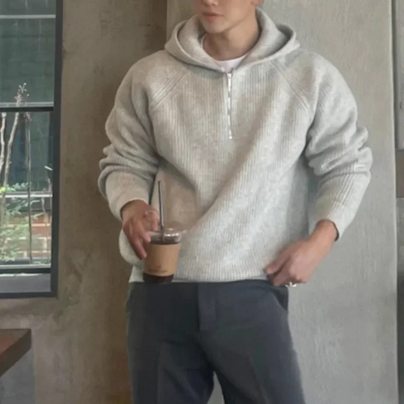 

American Half Zipper Hooded Sweater for Men's Autumn Lazy Style Thickened Knitwear Pullover Wide Shoulder Casual Loose Hoodies