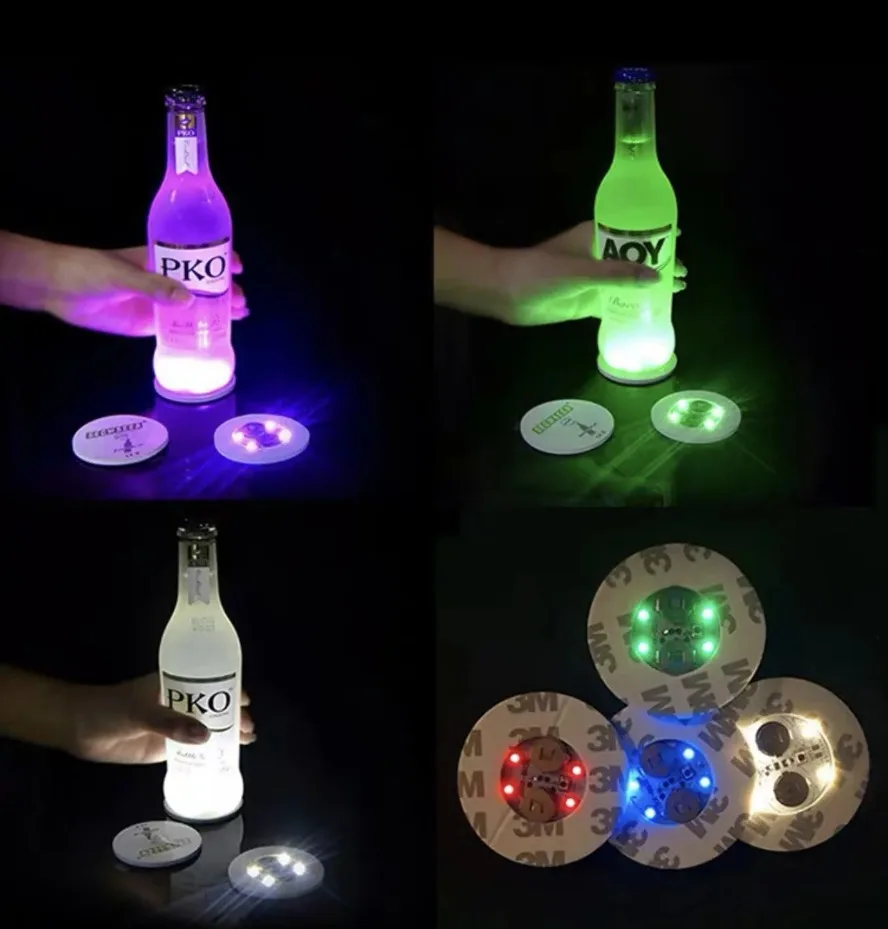 LED Emit Light Coaster Wholesale with Battery Wine Glass Mat Cup Pad Sticker Bottle Drinking Club Bar Party Decor Night Light