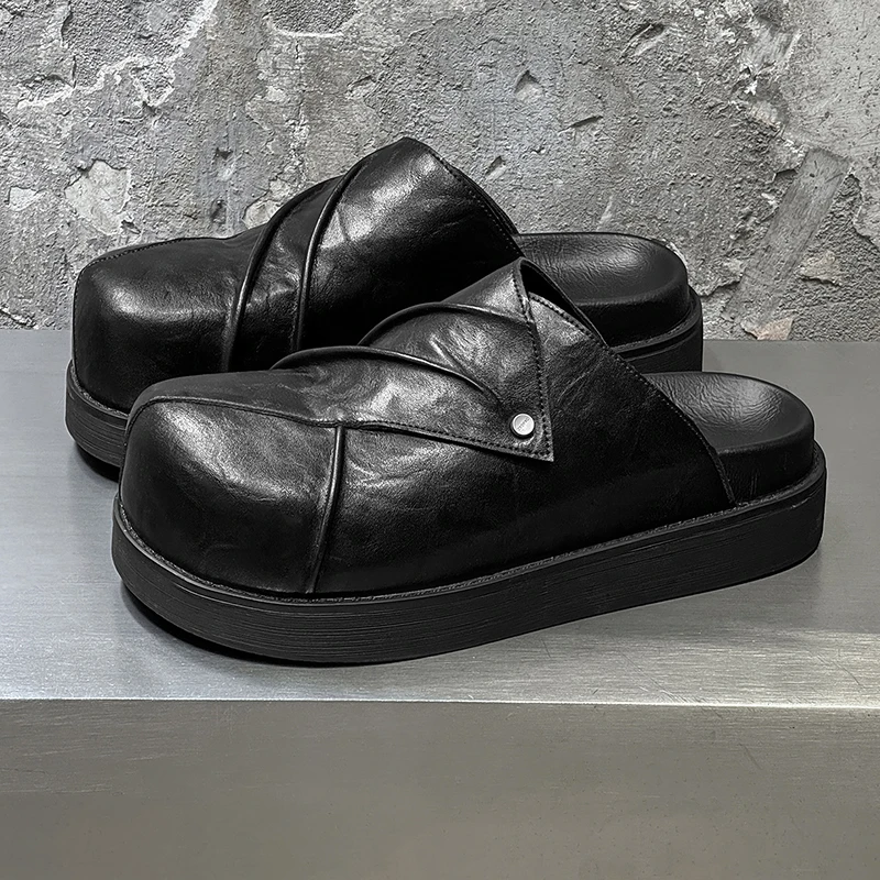 New Trendy Fashionable Men Leather Shoes Black Color Italian Lazy One-piece Flat-bottom Semi-leather Slippers Men Sizes 38-46