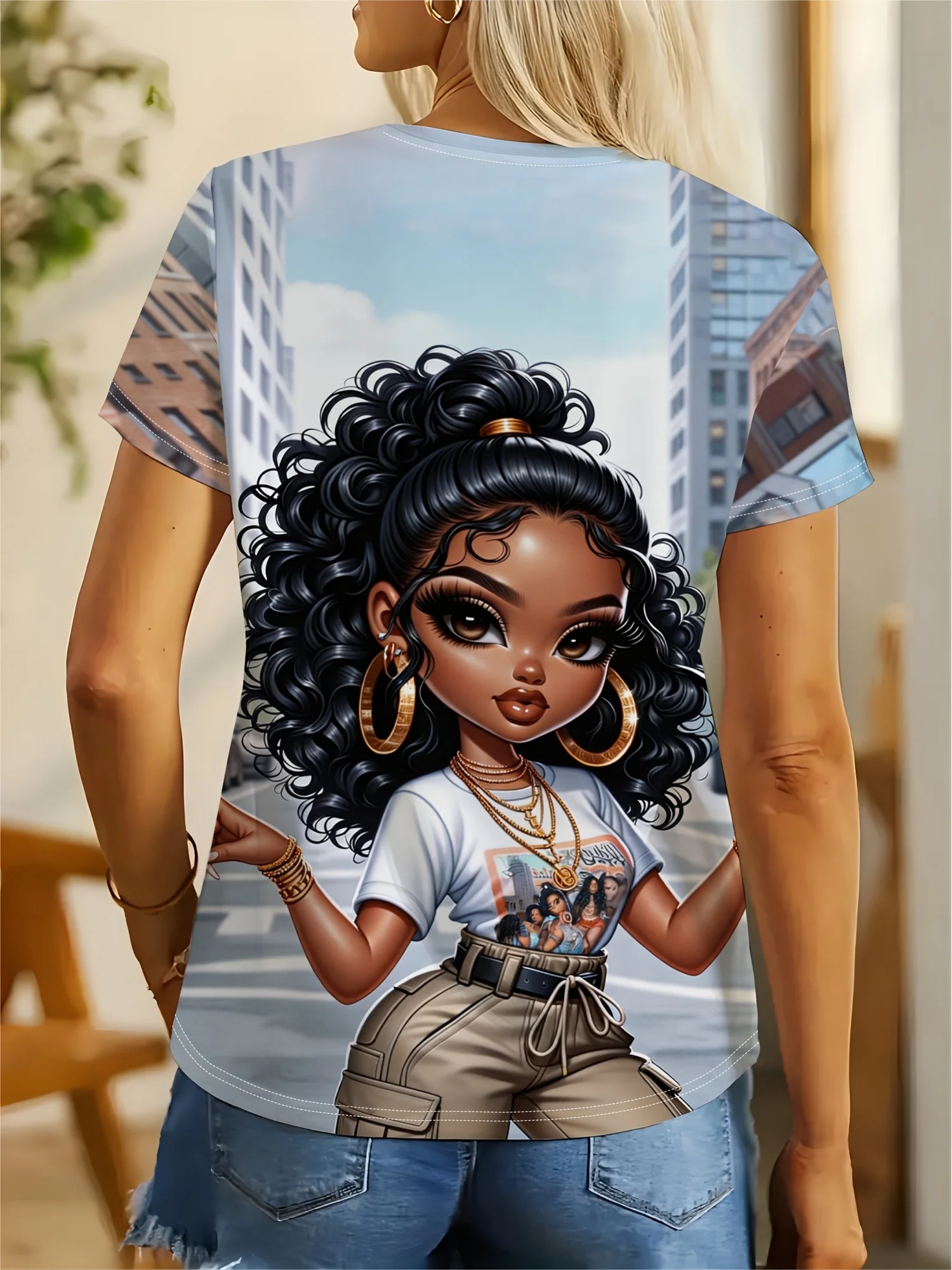 Women Crew Neck Short Sleeve T‑Shirt, Cute Afro Curly Hair Girl Urban City Street Style Graphic Print Casual Summer Tee