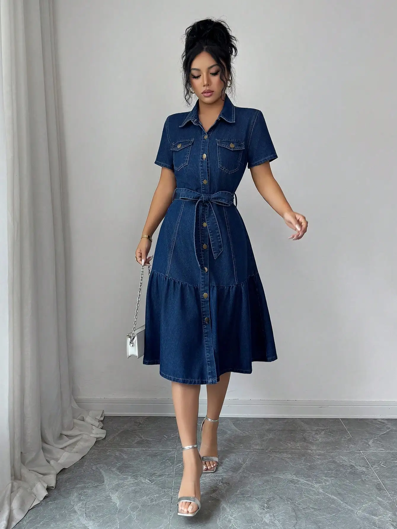 

Women's Casual Washed Denim Shirt Dress With Belt Short Sleeve Knee Length
