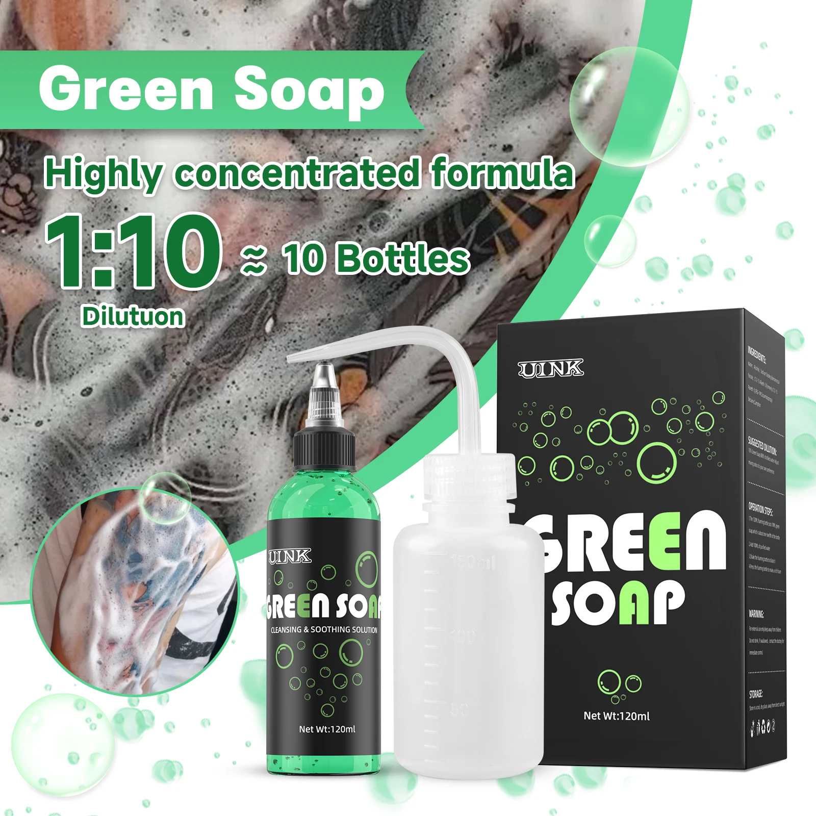 

DQFART зеленое мыло для татуировки, суперконцентрированное, 2 унции/120 мл, 1:10, разбавное мыло для татуировки, принадлежности для татуировки, пирсинг кожи