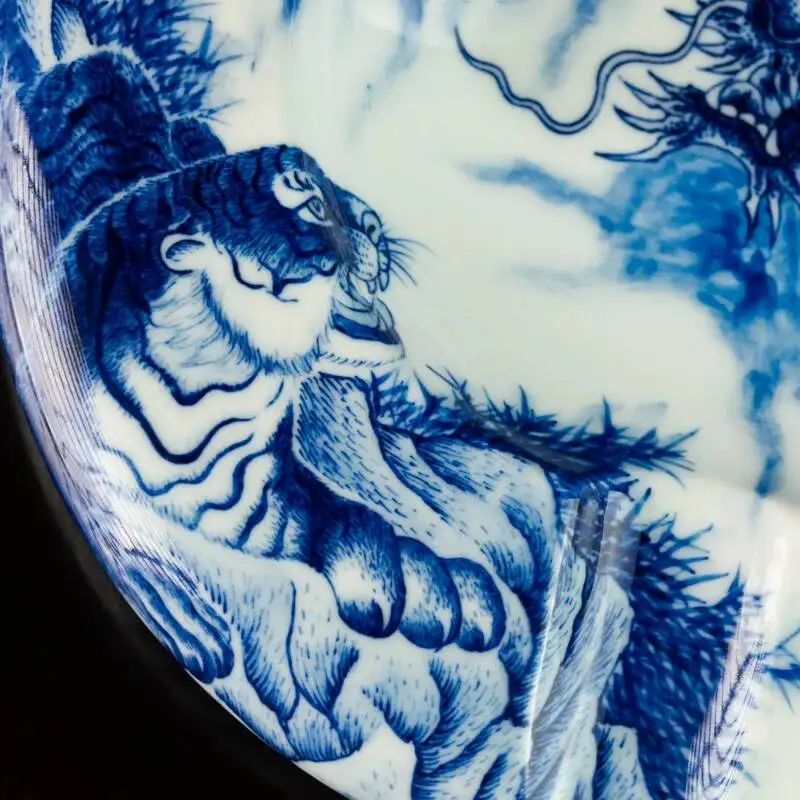 Sacred Mountain Jingdezhen Hand-Painted Blue White Cigar Jar With Hidden Dragon And Tiger Design, Handmade Ceramic Ashtray