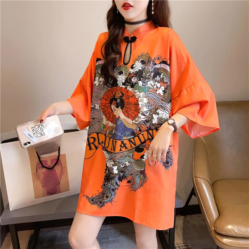 DAYIFUN Chinese Stand Collar T-shirts Women Vintage Style Print Long Tshirts Female Short Sleeve Oversized Orange Tees Top Loose