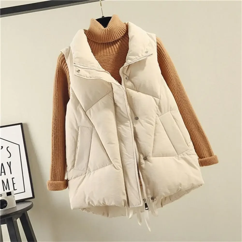 Women's Winter Waistcoat Lapel Collar Zippered Vest Jacket with Pockets Cotton Padded Warm Sleeveless Coat for Outdoor Vest