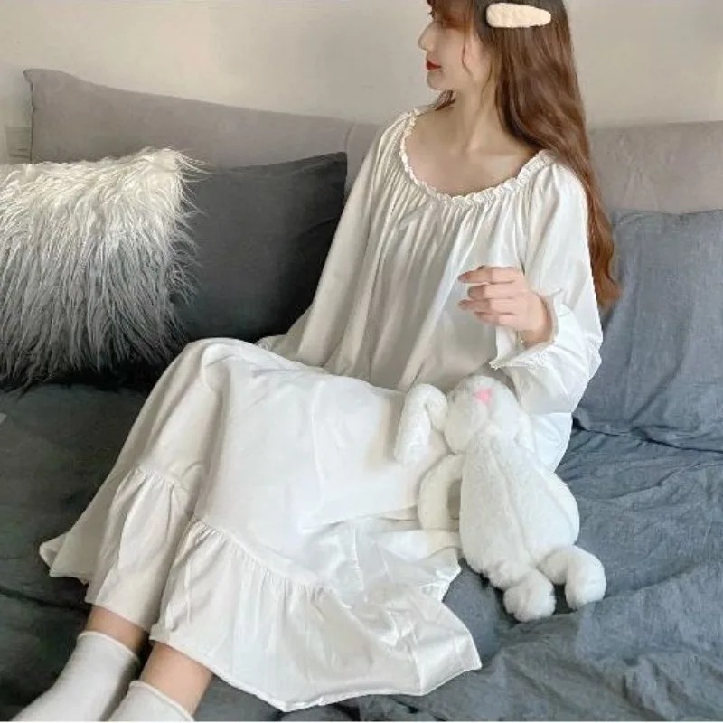 Midi Nightgowns Women Sweet Girls Princess Style Ruffles Loose Long Sleeve A-line Skin Friendly Cozy Female Plus Size 5XL Solid