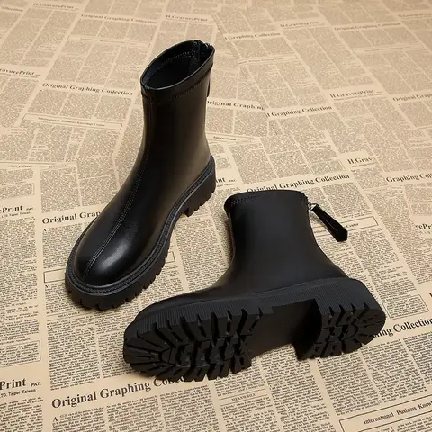 Botas Chelsea para mujer, botines cortos con punta redonda a la moda, zapatos elegantes de tacón cuadrado para mujer, calzado de invierno de cuero suave para mujer 2024