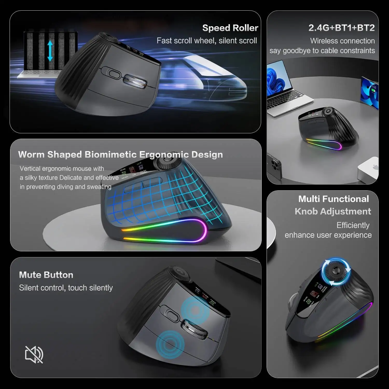 Backlit Bluetooth Wireless Vertical Mouse Ergonomic Multi-Function Adjustment Knob OLED Screen USB-C Rechargeable Slient Mice