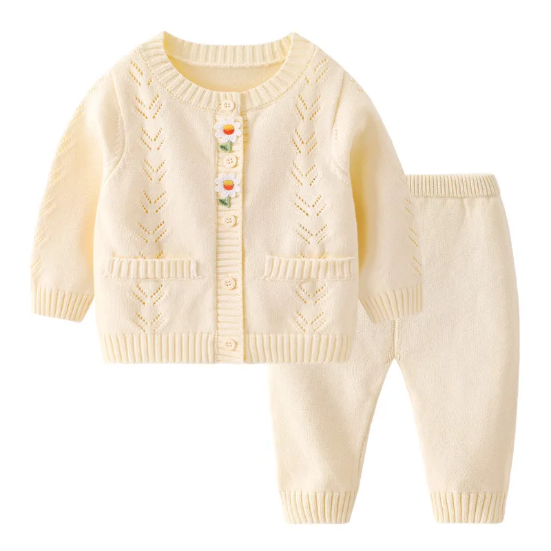 Newborn Baby Sweater Set Autumn Winter Round Neck Long Sleeved Knitted Cardigan Pants 2Piece Suit Girls Clothes