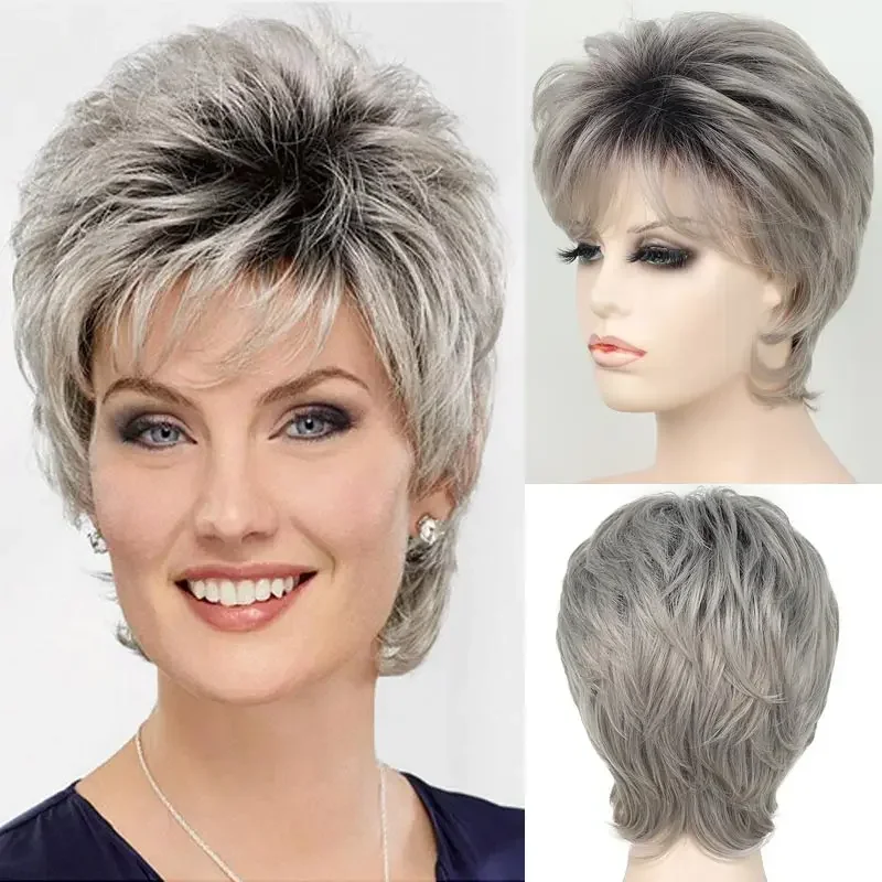 

Women's Fashion Short Synthetic Wigs Pixie Cut Grey Ombre Hair Costume Party Wigs for Woman Fluffy Curly Wavy Wig with Bangs