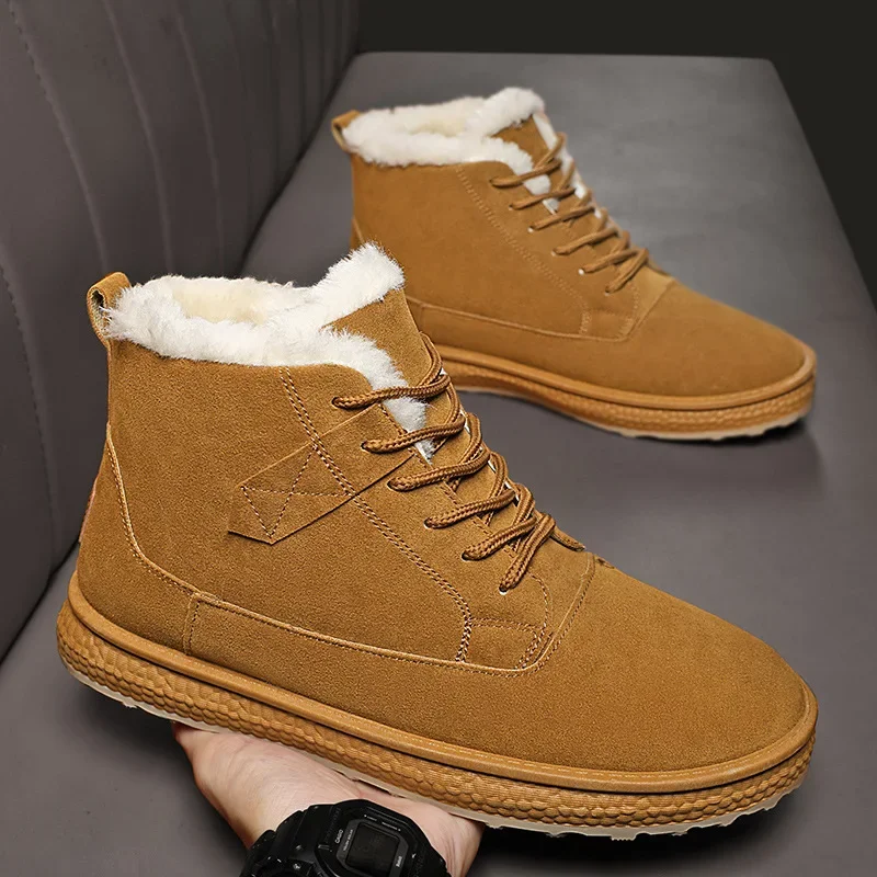 Women Short Boots Fashion Casual Winter Snow Boots Sheepskin Suede Leather Natural Sheep Wool Fur Lined Warm Shoes High Top Boot