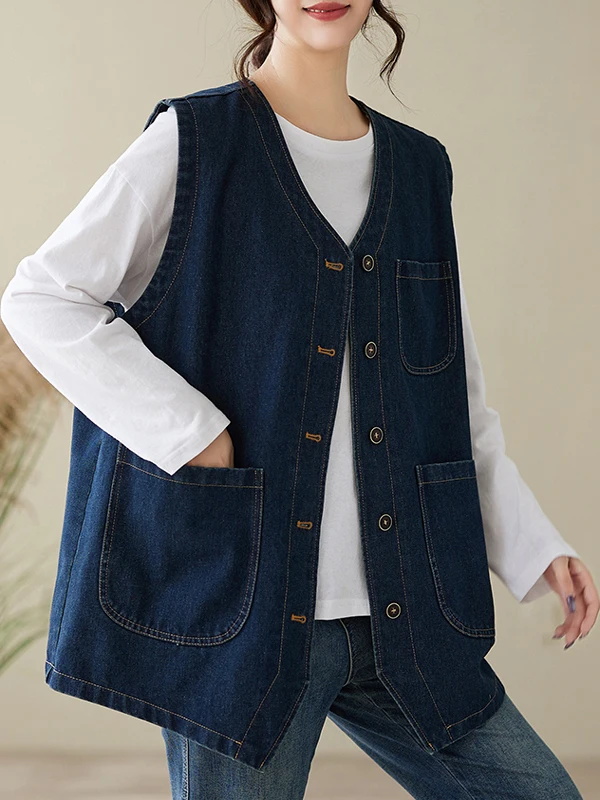 

High-End Vintage Denim Jaet Multi-ket Workwear Loose Top Outerwear Vest for Women Commute Sle V-Ne Regular Length