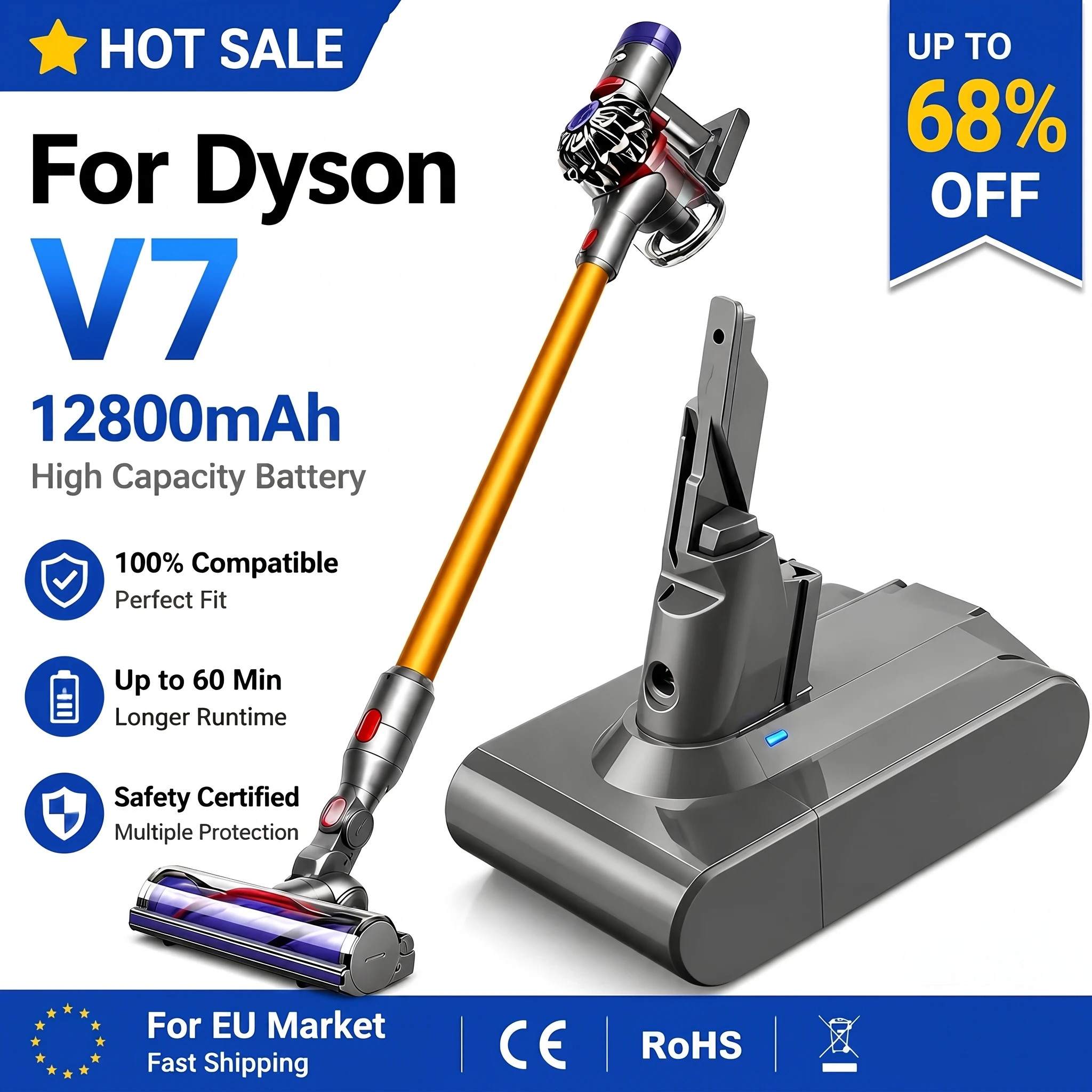 Ersatzakku für Dyson V7 SV11 21,6V 9800/12800mAh Kompatibel mit V7 Animal Motorhead Pro Trigger Car+Boat Fluffy EU Lagerbestand