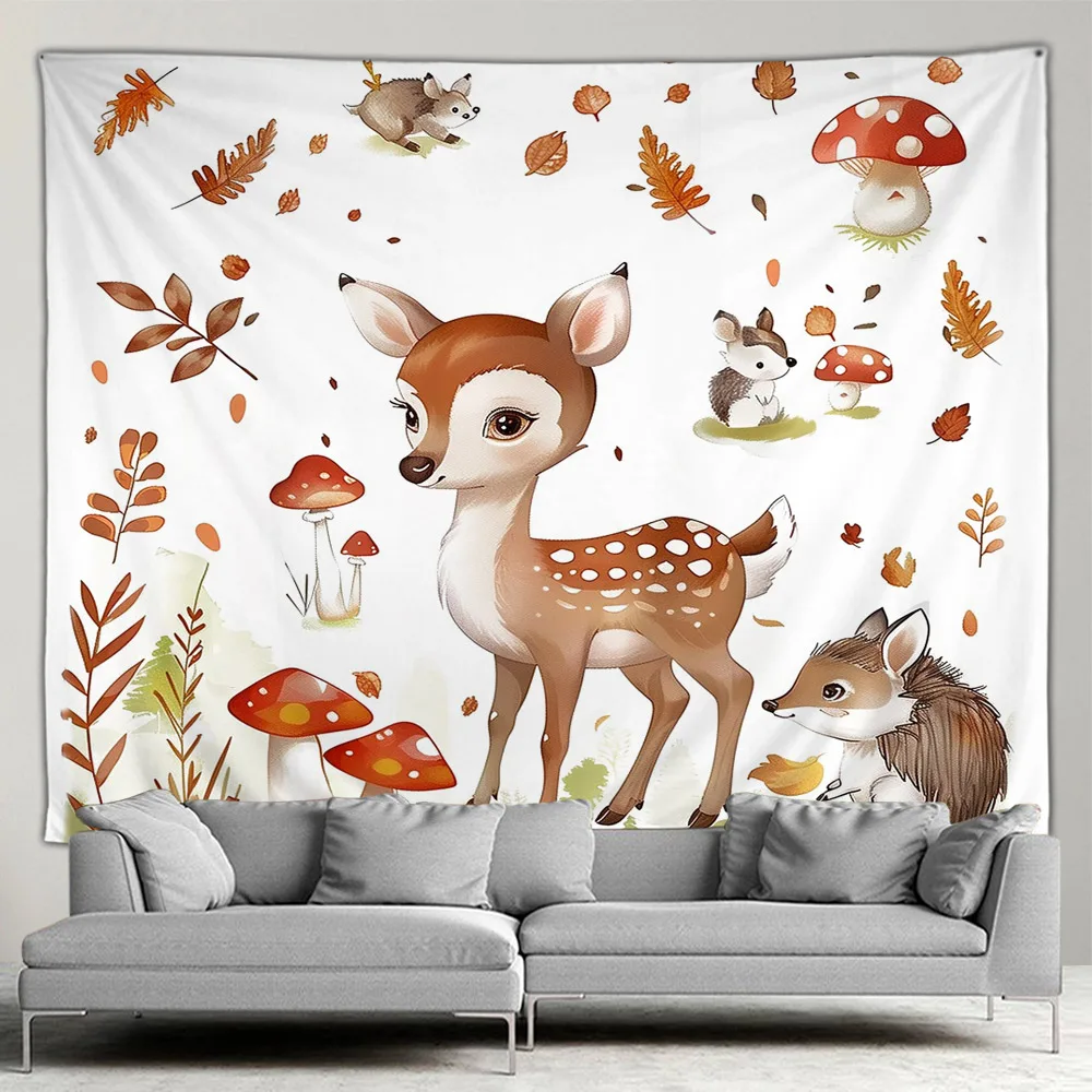 ZHFFZH Tapestry Deer Squirrel Autumn Mushroom Animal Fabric Home Living Room Bedroom Decorative Wall Hanging