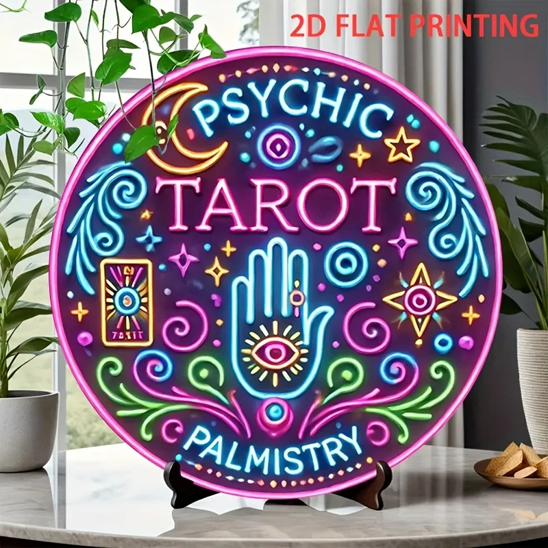 2D flach, 1 Stück Psychic Tarot & Palmistry Guide Metall-Wanddekoration – Vintage neonähnliche Psychic Symbole – robustes Eisen-Blechschild – E