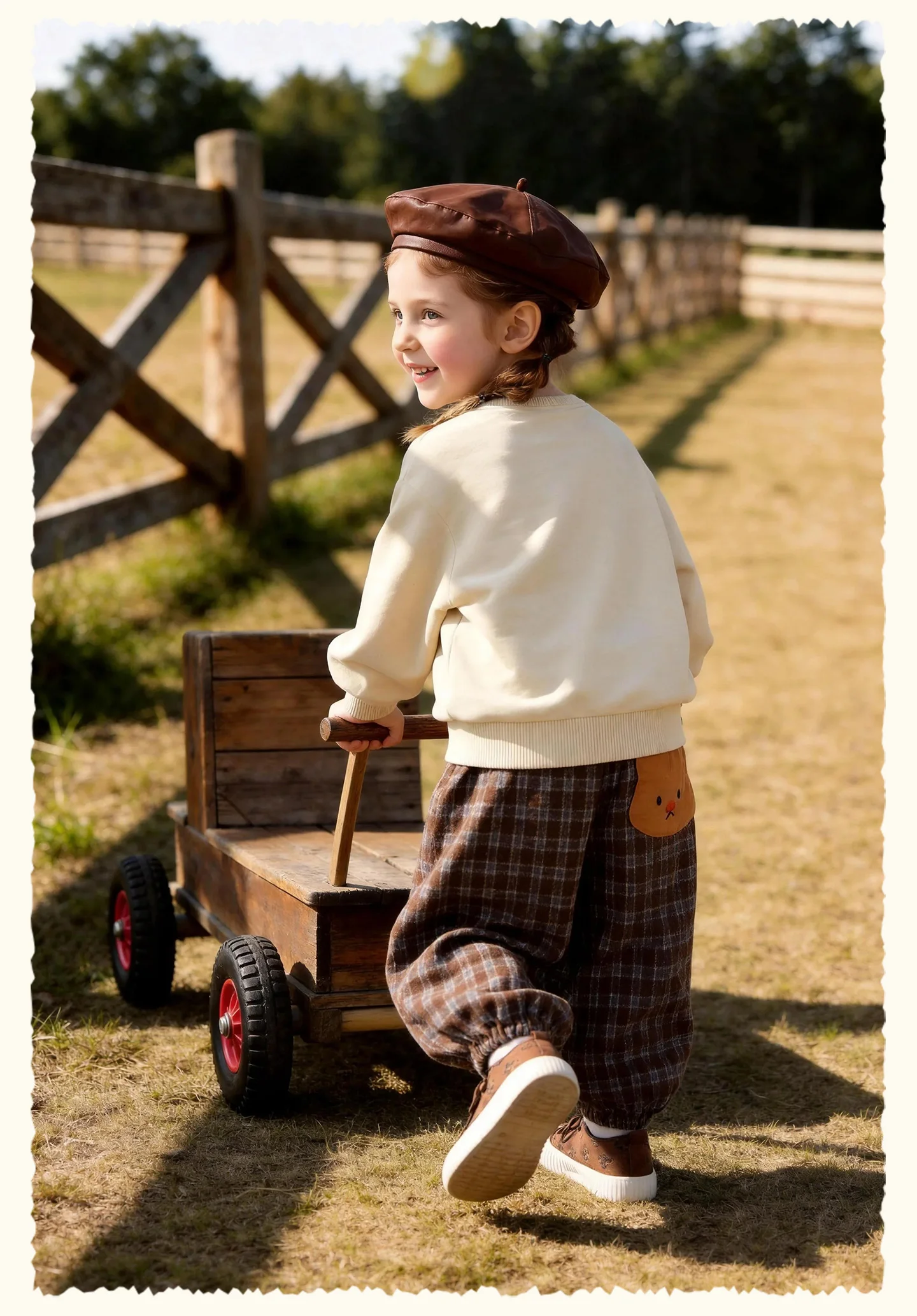 Amila 2026 Herbst Neue Kinder-Freizeithose Vintage Kariert Wolle-Optik Häschen-Applikation Laternenhose Modisch Bequem Tägliche Lange Hose – Detail 9