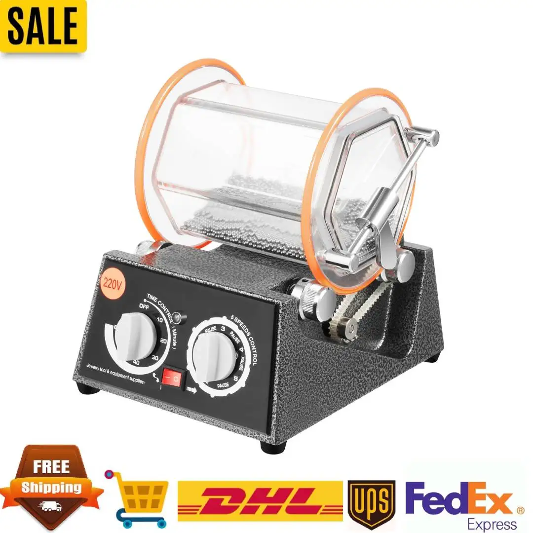 ماكينة تلميع المجوهرات بقدرة 45 وات، ماكينة تلميع المجوهرات الكهربائية ذات سرعة 5 تروس مع دوران مزدوج وتوقيت 10-60 دقيقة لمحلات المجوهرات