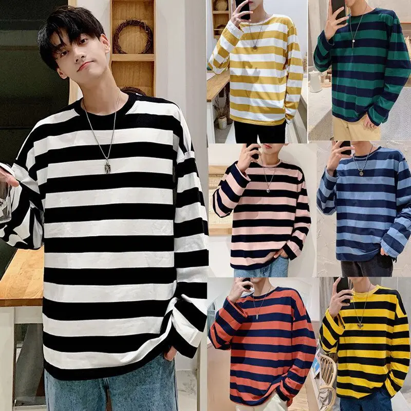 Black White Striped Shirt Men's Loose Shirt O Neck Long Sleeves T-shirt Hoodless Sweatshirt Men's Base Shirt Stripes Sweatshirt