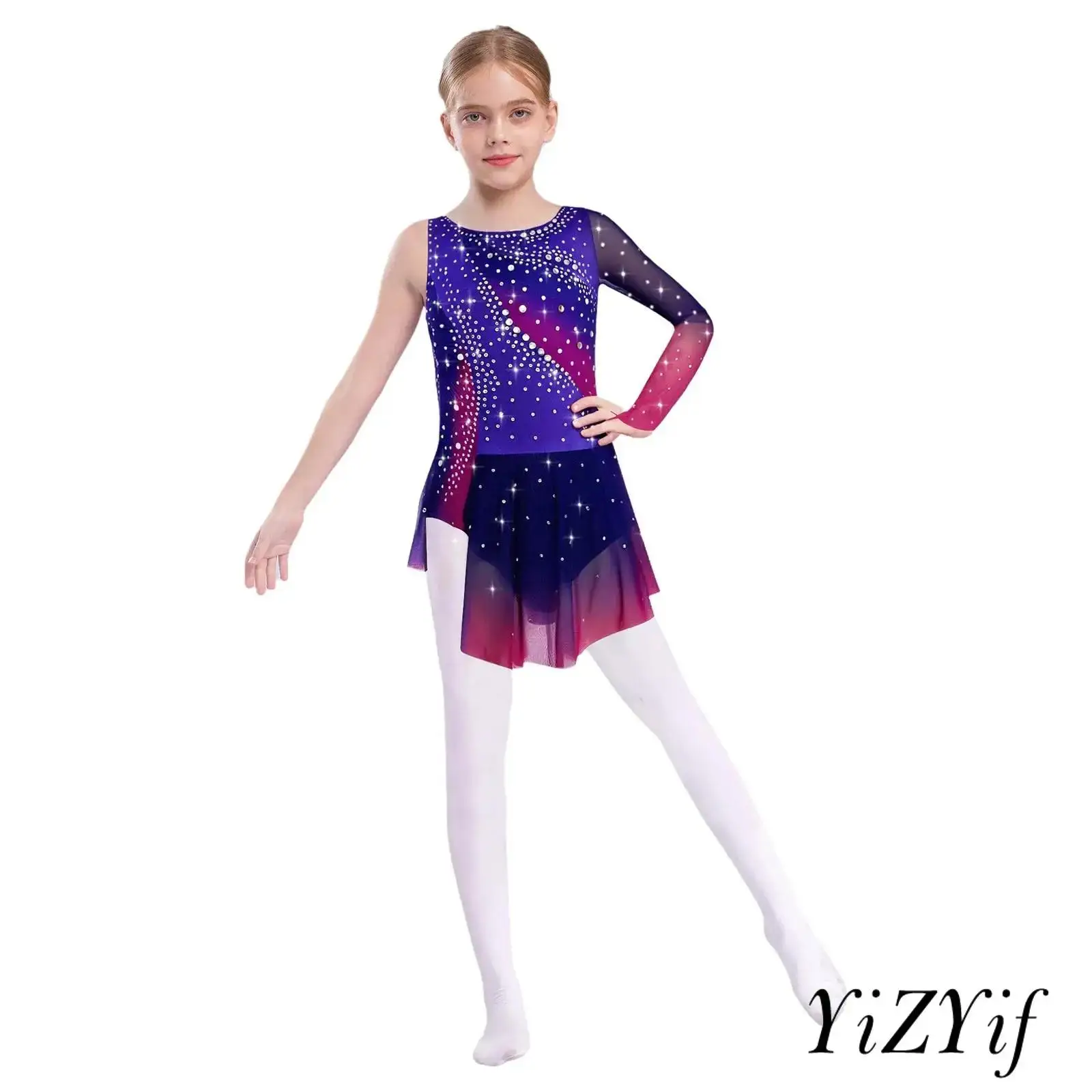 

‌Kids Girls Performance Costume Rhinestone Round Neck Leotard One Mesh Sleeve Side Split for Rhythmic Gymnastics Figure Skating