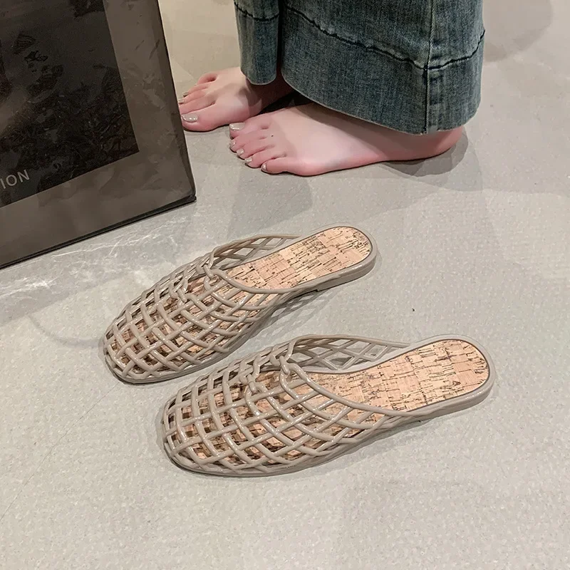 

Summer New Net Woven Flat Bottom Sandals Transparent Jelly Slippers Open Toe Beach Shoes Comfortable Breathable Women Sandals