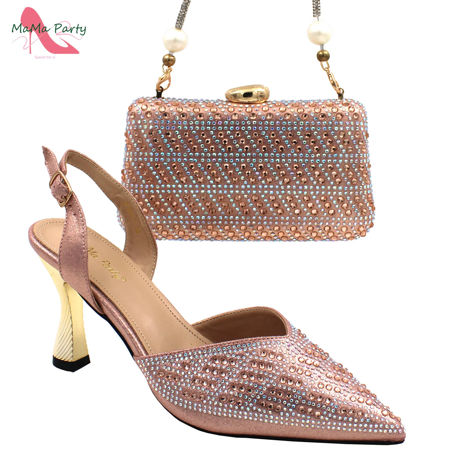 Peach Color New Arrivals Nigerian Women Shoes and Bag Set Decorate with Rhinestone Specials Heels for Wedding Party