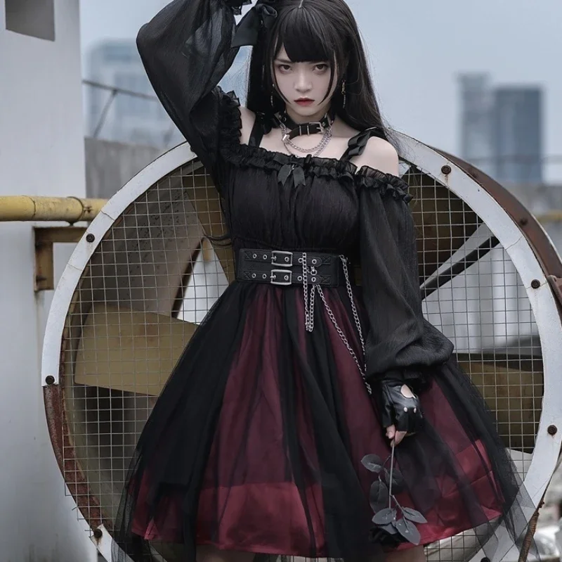 2026 جديد القوطية شبكة سوداء لوليتا فستان للنساء عالية الخصر مائل الرقبة الظلام الشرير الشارع الشهير خمر فستان حفلة الأميرة #1