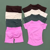 HISTELLO-Conjuntos de gimnasio de impacto para mujer, ropa de Yoga sin costuras de manga corta, conjunto de Fitness, entrenamiento, correr, deportes, mallas cortas, 2 uds.