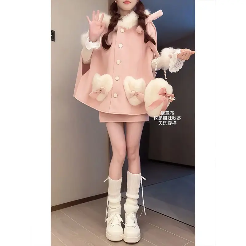 

Japan Sweet And Cute Plush Hooded Cape Coat With Love Stitching And Bow Blue Skirt Two-Piece Set For Autumn