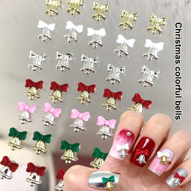 5Pcs Christmas Alloy Nail Accessories Mini Colored Bow Bell Rhinestones Jewelry Nail Art Charms Decorations 3D Flat Back Parts