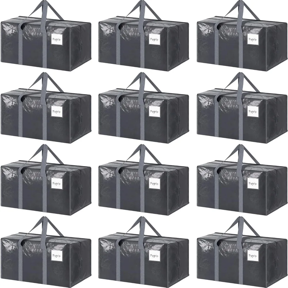 

12-Pack Heavy-Duty Large Moving Bags with Strong Zipper and Handles, Durable Storage for College Supplies, Gray