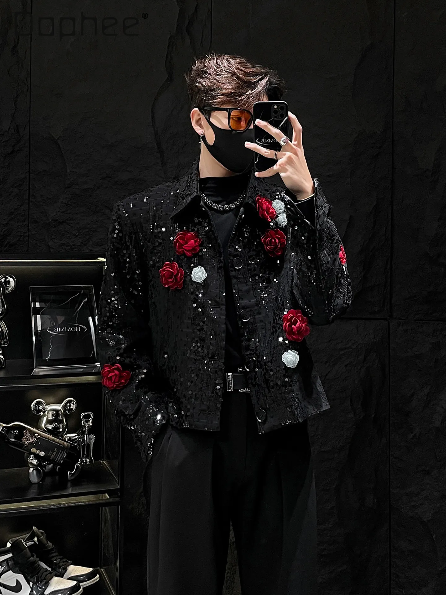 

Heavy Sequin 3D Rose Flower Shiny Short Coat for Men Stage Costume High-End Trendy Handsome Men Clothing Loose Slimming Jackets