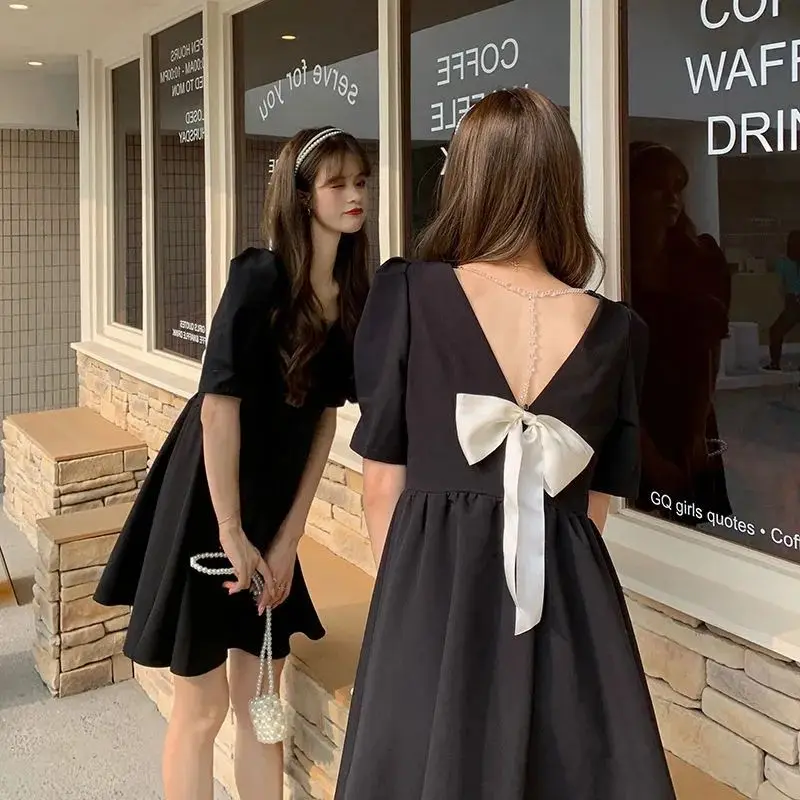 Sweet Square Collar Backless Puff Sleeve Bow Princess Dress Female Clothing 2024 Summer New Loose Solid Color Casual Dresses