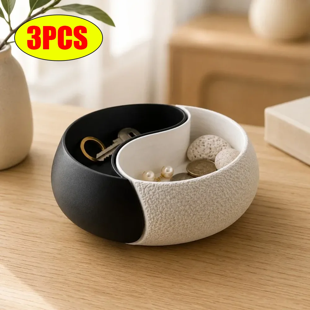 3D Printed Black & White Yin-Yang Storage Bowl, Double Compartment Jewelry Tray & Key Holder, Modern Zen Decor, For Desk, Booksh