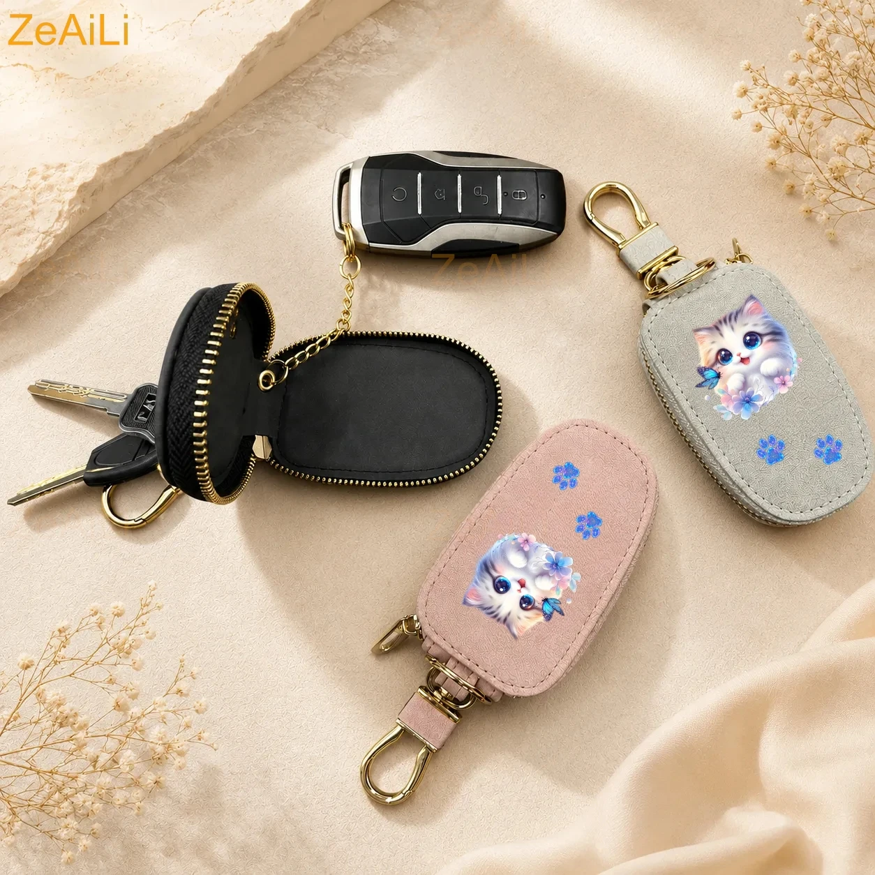 Cute Cartoon Cat Paw PU Leather Key Case, Kitten Unisex Key Bag, Universal Portable Large Capacity Multifunctional Car Key Chain