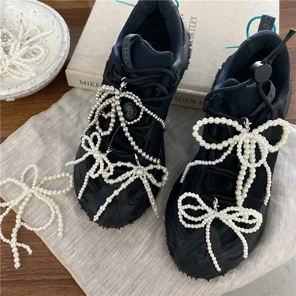 Handmade Bowknot Pearl Keychain Sweet Charm Shoe Buckle Sweet Girls Bag Pendant Bow Shoelace Chain Decoration Phone Pendant New