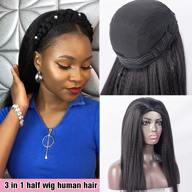 

Невидимая линия волос 3 в 1, полупарик Яки, странные прямые парики из натуральных волос, бесклеевые натуральные черные 1b, регулируемые ремни, 3/4 полупарики