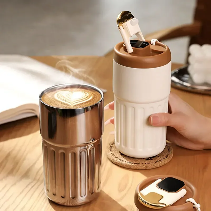 Portable Leakproof Cup Insulation Thermos 316 Stainless Steel Thermal Coffee Mug Smart Temperature Display Water Bottle 450ml