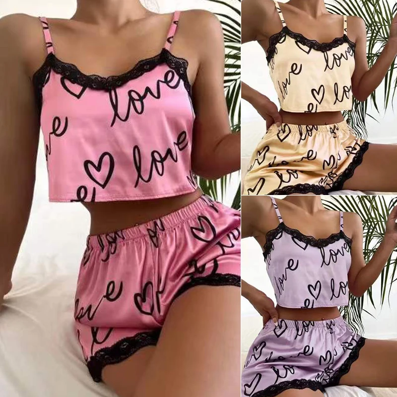 

2-Piece Women's Satin Love Print Cami Pajama Set-Lace Trim Spaghetti Strap Top & Shorts Soft Sleepwear for Sweet & Cozy Nights