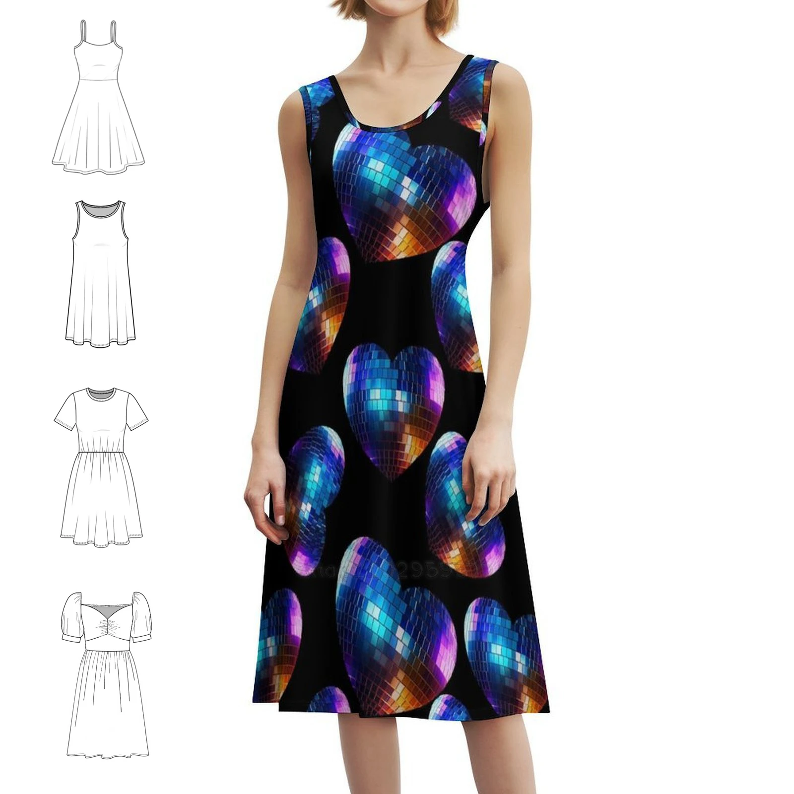 

Зеркальный диско-шар в форме сердца, женская уличная одежда, праздничное платье, модная клубная одежда с принтом для женщин, зеркало в стиле диско 70-х годов