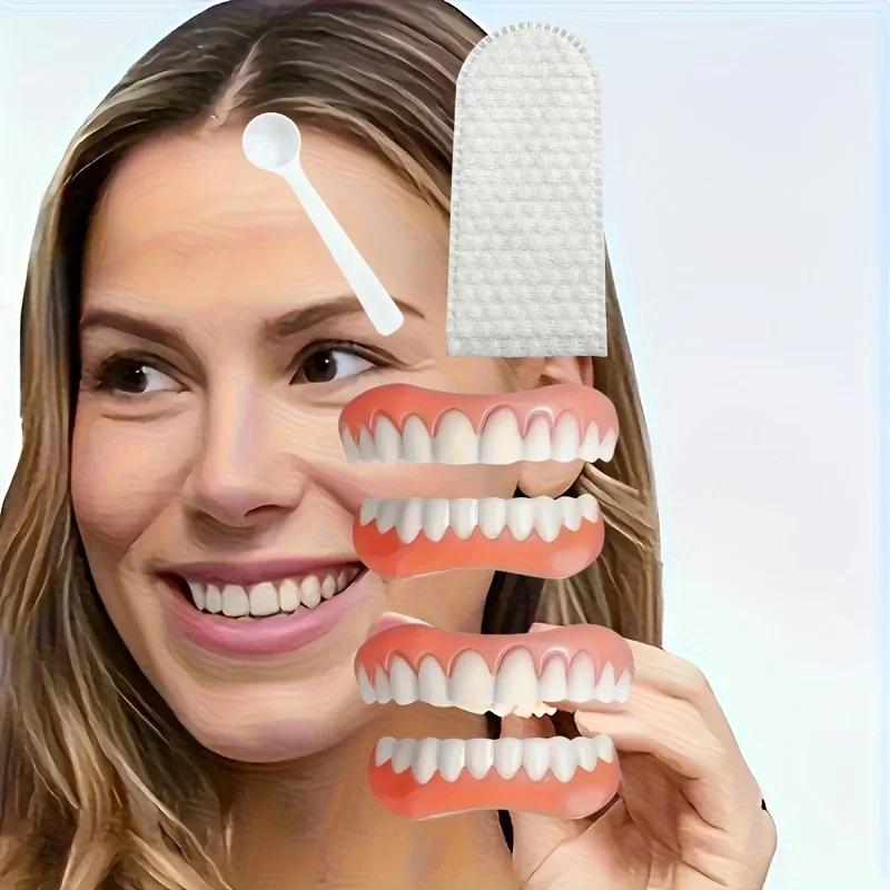

6 Pcs Fake Teeth Set (2 Upper + 2 Lower) with Spoon & Finger Cot, Instant Smile Easy Detachable Veneers