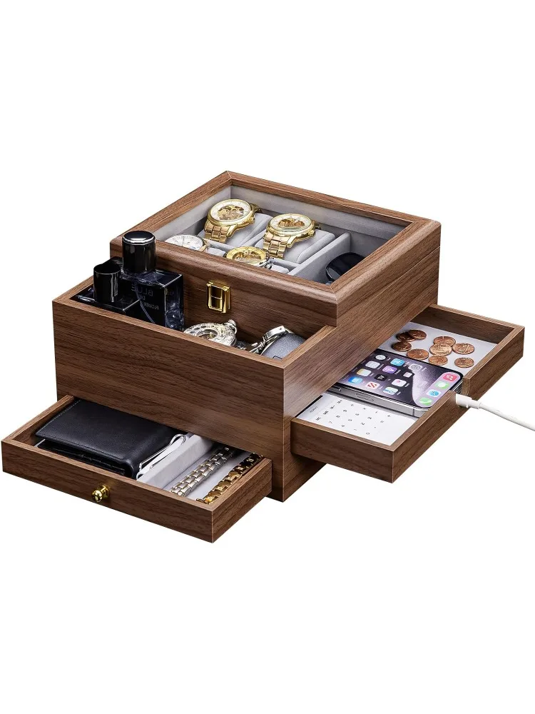 

Box for Men Jewelry Organizer with Real Glass Watch Case for Ring, Bracelet, Watch, Necklace, Earrings, and Accessor