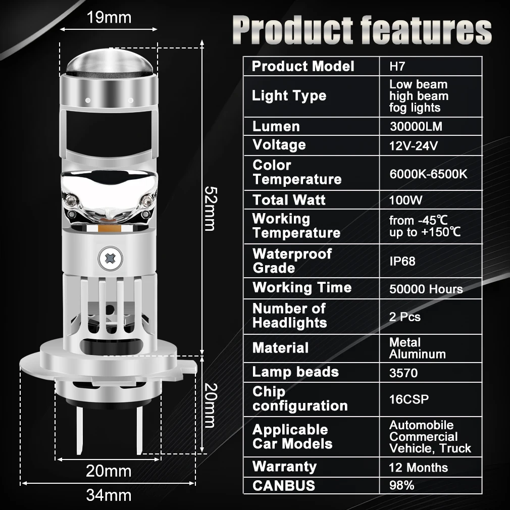 XSTORM H7 جهاز عرض (بروجكتور) ليد عدسة 100 واط 30000LM عدسة مزدوجة Led H4 المصباح Canbus سيارة H7 مصابيح كهربائية توربو مصباح أضواء دراجة نارية